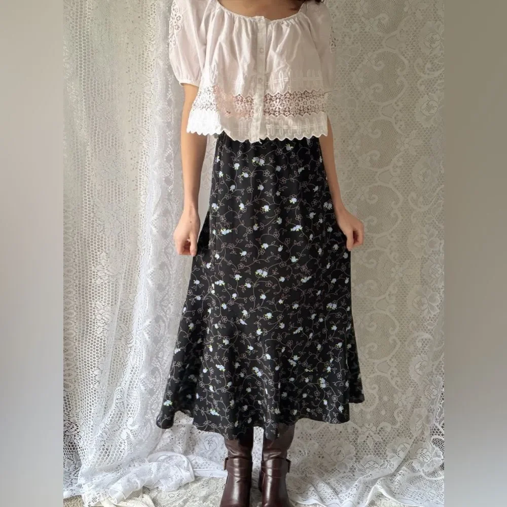 Vintage Sag Harbor Black Floral Midi Skirt Y2K Cottagecore